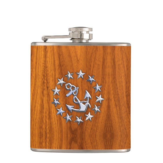 Yacht Flag Sign on Nautical Teak Wood Print Hip Flask (Front)