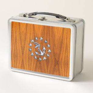 Yacht Flag Symbol on Nautical Teak Wood Print Metal Lunch Box