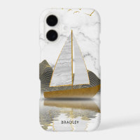 Yacht Sailing Stylish Modern Gold Marble Name