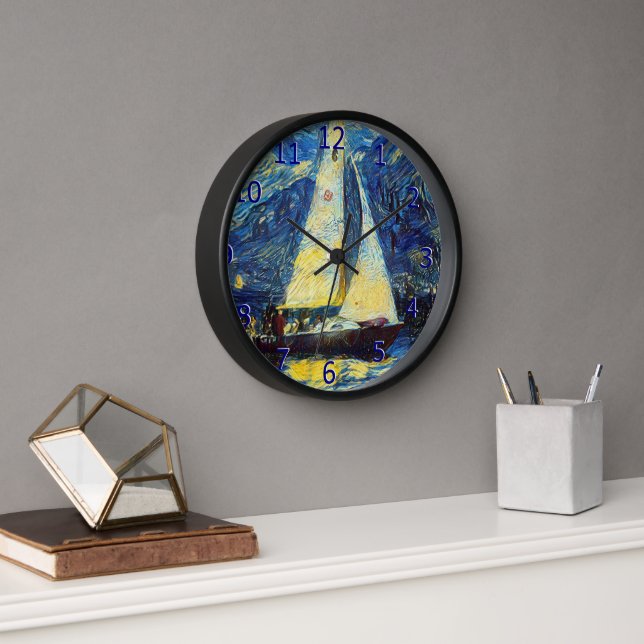 Yacht Van Gogh Style Blue, Gold, Sailing Clock (Office)