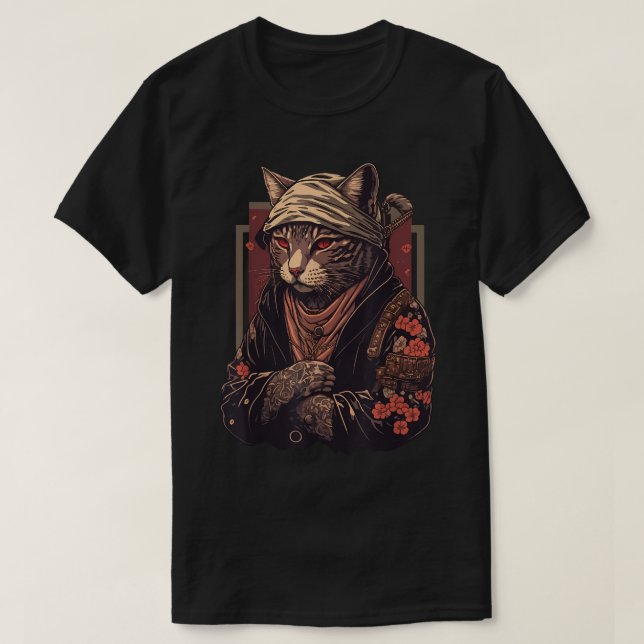 Yakuza Cat Japanese Mafia Cat Tattoo Flowers T-Shirt (Design Front)