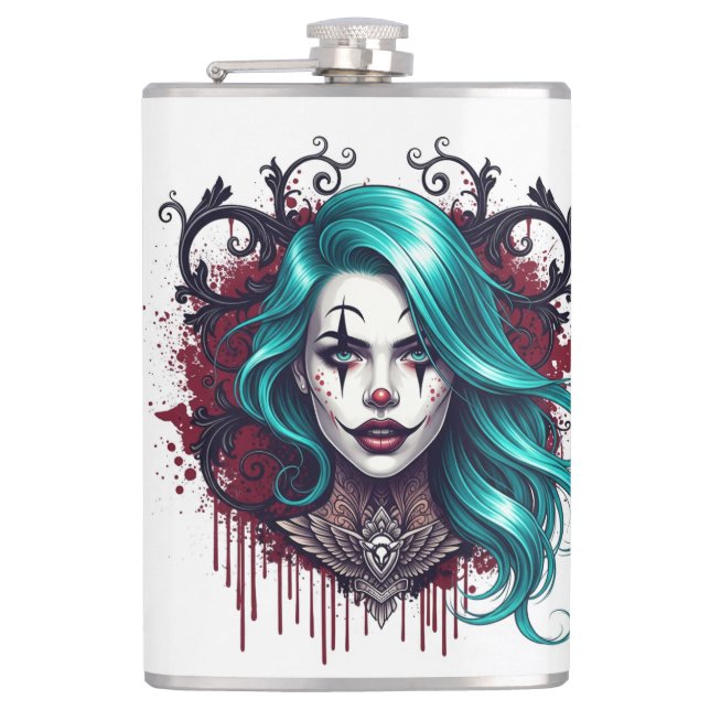 yan Haired Clown Queen - Spooky Chic Hip Flask (Front)