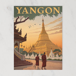 Yangon Pagoda and Burmese Retro Postcard