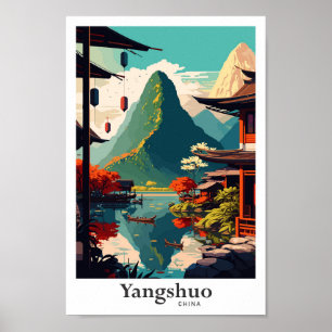 Yangshuo China Travel Art Vintage Illustration Poster