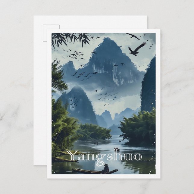 Yangshuo China Vintage Art Travel Illustration Postcard (Front/Back)