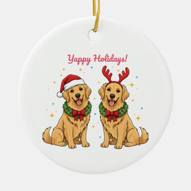 Yappy Holidays Golden Retriever Golden Xmas Ceramic Tree Decoration (Front)