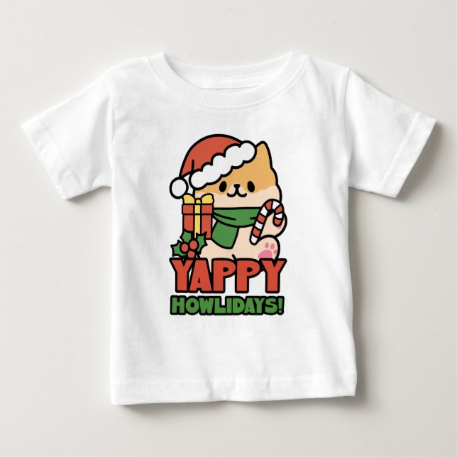 Yappy Howlidays - Cute Christmas Dog Cartoon Baby T-Shirt (Front)