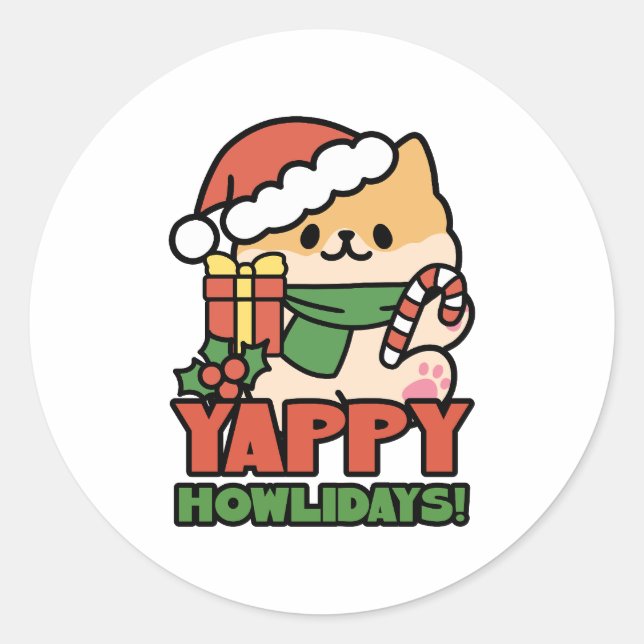 Yappy Howlidays - Cute Christmas Dog Cartoon Classic Round Sticker (Front)