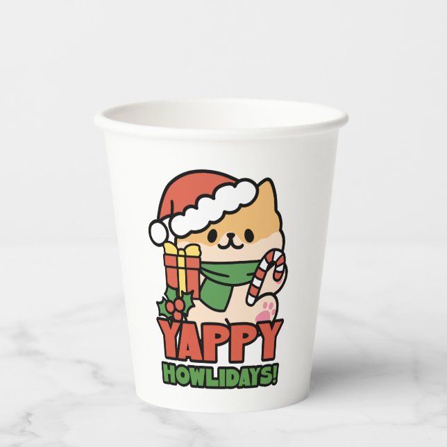 Yappy Howlidays - Cute Christmas Dog Cartoon Paper Cups (Front)