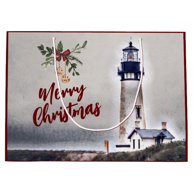 Yaquina Head Lighthouse Merry Christmas Holiday Large Gift Bag (Front)