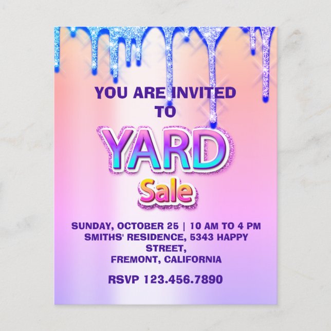Yard Sale Garage Sale Holographic Pink Blue Drips Flyer (Front)