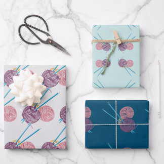 Yarn and Needle Wrapping Paper Flat Sheet Set of 3