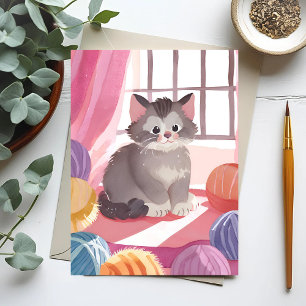 Yarn Ball Kitten   Cat Watercolor Postcard