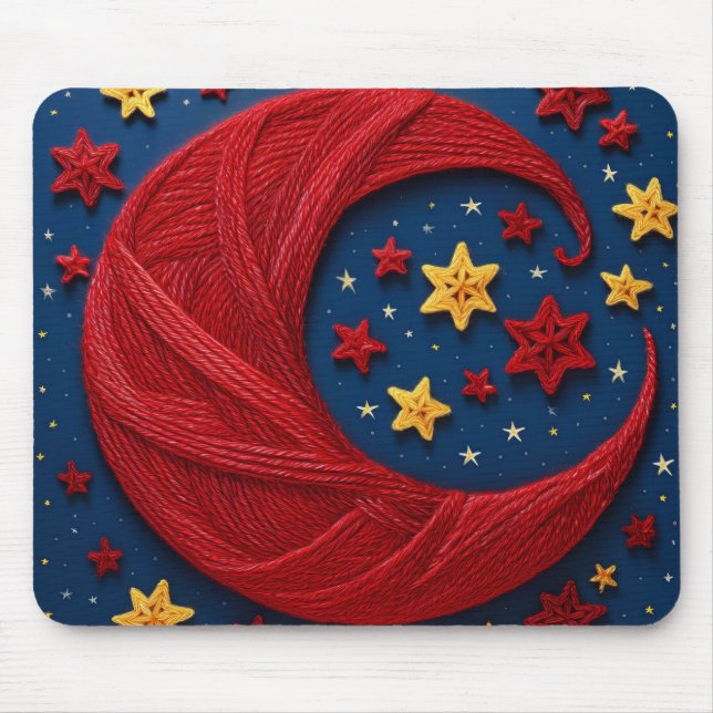 Yarn Crescent Moon And Stars On A Blue Background Mouse Pad (Front)