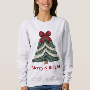 Yarn Faux Embroidery Christmas Tree Merry Bright Sweatshirt