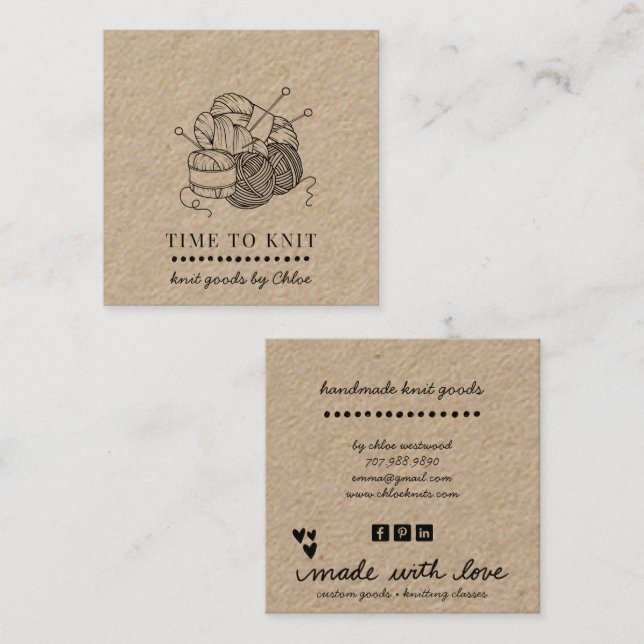 Yarn Handmade Knit Goods Kraft Square Business Card (Front/Back)