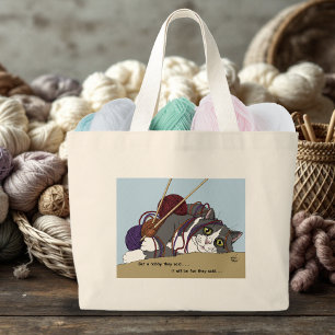 Yarn Knitting Funny Cat Large Tote Bag