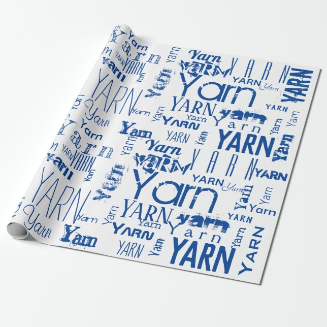 YARN! Typography Blue Knitting Wrapping Paper (Unrolled)