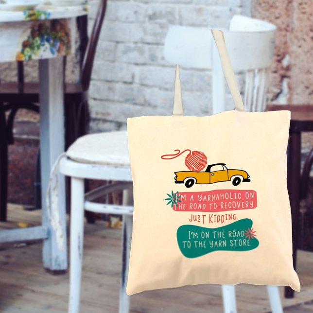 Yarnaholic Knitting Crochet Quote Retro Pink Blue Tote Bag (Creator Uploaded)