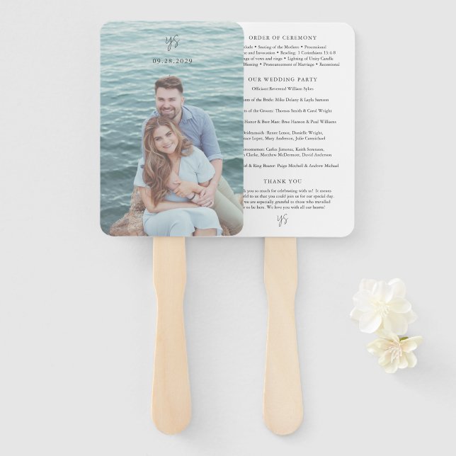 Yasmin Modern Elegant Wedding Program Hand Fan (Front and Back)