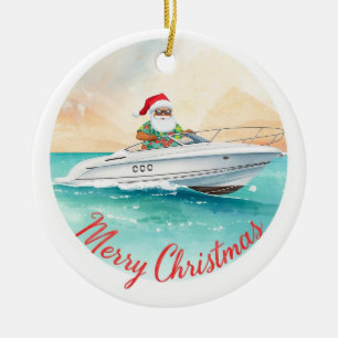 Yatch Merry Christmas Santa Sailing on a Yacht Ceramic Tree Decoration
