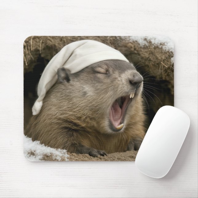 Yawning Groundhog Wearing a Nightcap Mouse Pad (With Mouse)