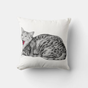 Yawning Tabby Cat Monochrome Throw Pillow with Red