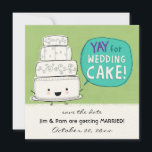 YAY for Wedding Cake! Funny Wedding Announcement<br><div class="desc">YAY for wedding cake! Kawaii cute four-tiered wedding cake with hearts and swirls. A funny save the date announcement for the soon to be Mr. and Mrs. Personalise this original wedding invitation with the happy couple’s name and wedding date. Choose from a variety of paper types. Visit Jenn’s Doodle World...</div>