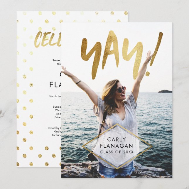 Yay! Gold Script Graduation Celebration Party Invitation (Front/Back)