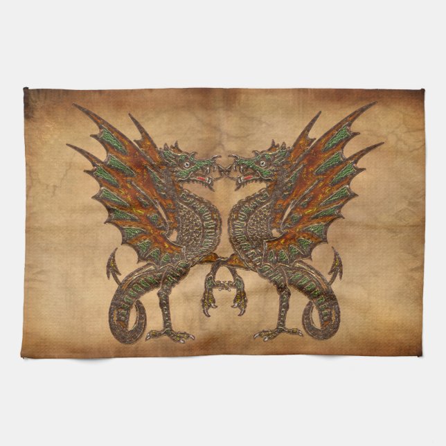 Ye Old Mediaeval Dragon Design Tea Towel (Horizontal)