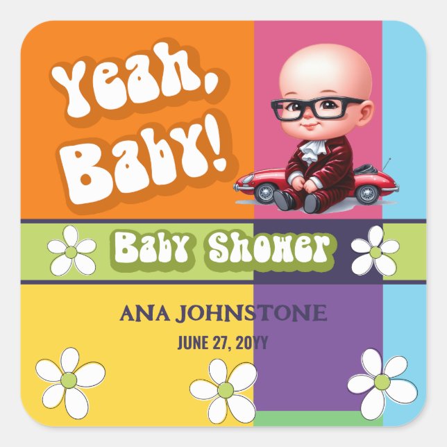 Yeah Baby Retro Baby Shower Square Sticker (Front)