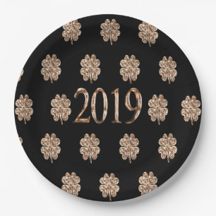 Year 2019 Elegant Black and Gold Four Leaf Clovers Paper Plate