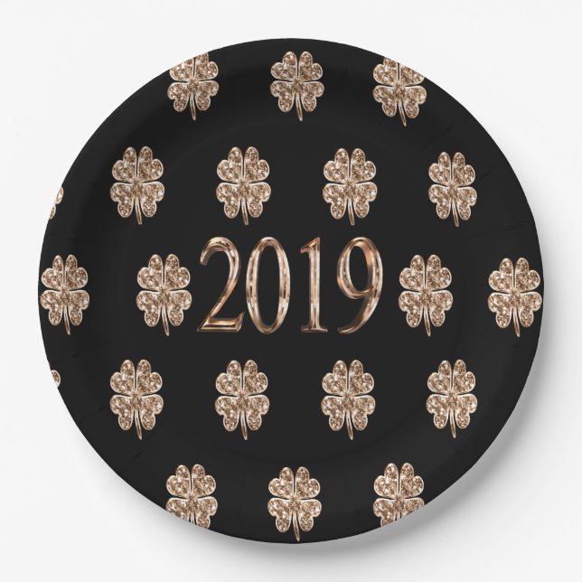 Year 2019 Elegant Black and Gold Four Leaf Clovers Paper Plate (Front)