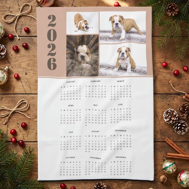 Year 2026 Calendar Dog Pet 4 Photo Collage Tea Towel (Creator Uploaded)