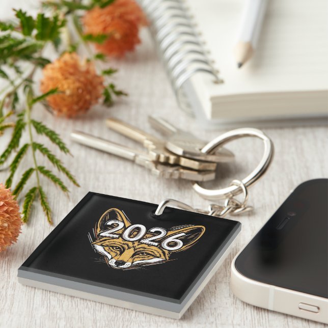 Year 2026 Fennec Fox Mascot - Bold New Year Design Key Ring (Front Right)