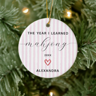Year I Learned Mahjong Player Name Pink Stripe Ceramic Tree Decoration