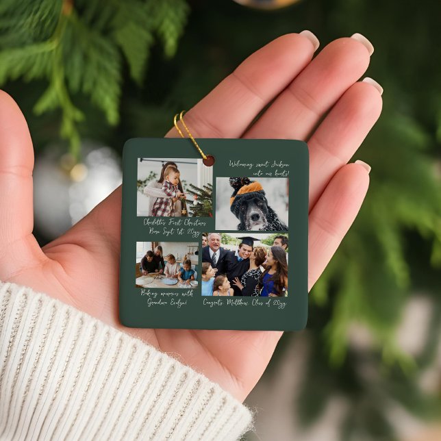 Year in Moments Family Photo Collage & Captions Ceramic Ornament (Year in Moments Family Photo Collage & Captions  Green Ceramic Ornament)