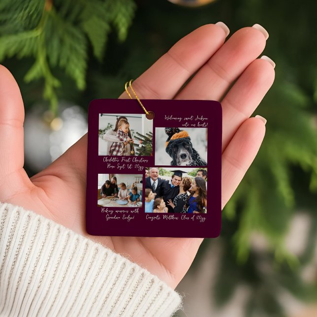 Year in Moments Family Photo Collage & Captions Ceramic Ornament (Year in Moments Family Photo Collage & Captions Burgundy Ceramic Ornament)