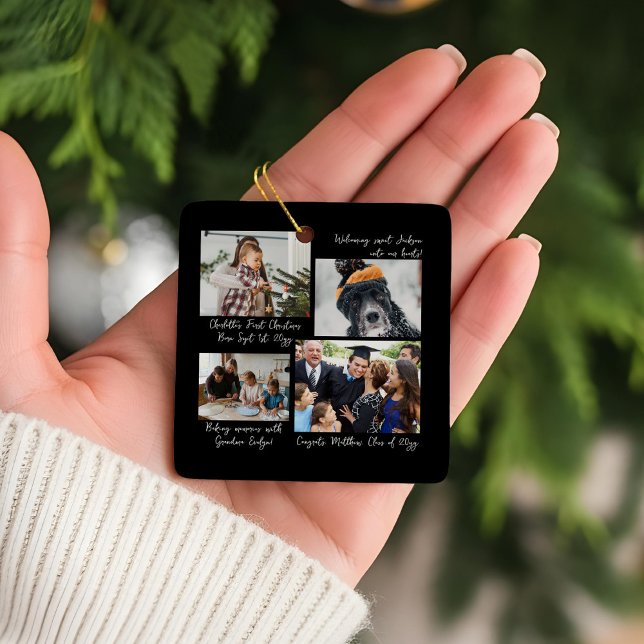 Year in Moments Family Photo Collage & Captions Ceramic Ornament (Year in Moments Family Photo Collage & Captions Black Ceramic Ornament)