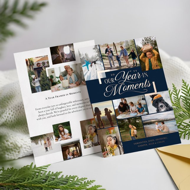 Year in Moments Family Photo Collage Christmas (Year in Moments Family Photo Collage Christmas Foil Holiday Card (Front & Back))