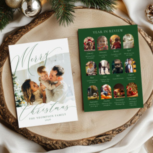 Year in Review 12 Photo Christmas Olive Green Holiday Card