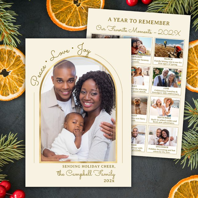 Year in Review and Peace Love Joy Gold Arch Photo  Holiday Card (Creator Uploaded)