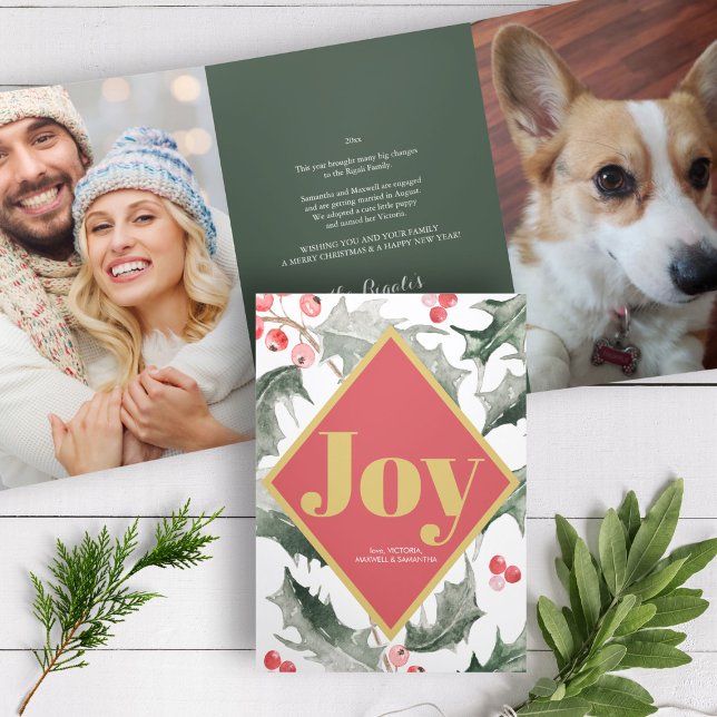 Year In Review Botanical Joy Tri-Fold Holiday Card (Christmas card photo family couple pet tri-fold year in review botanical joy)