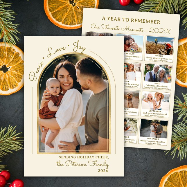 Year in Review Gold Arch Peace Love Joy Photo  Holiday Card (Creator Uploaded)