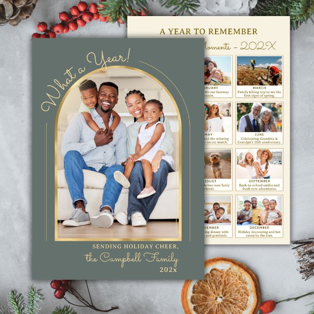  Year in Review Gold Arch Photo Collage Sage Green Holiday Card (Creator Uploaded)