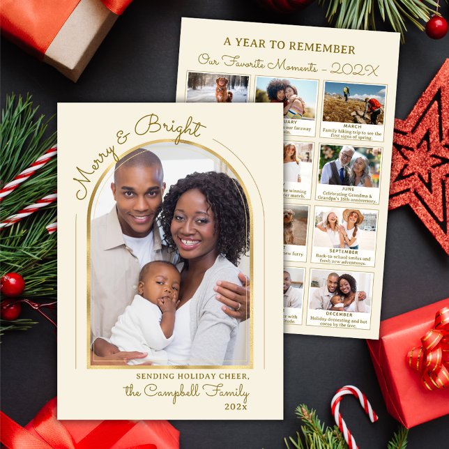Year in Review Gold Beige Arch 13 Photo Collage Holiday Card (Creator Uploaded)