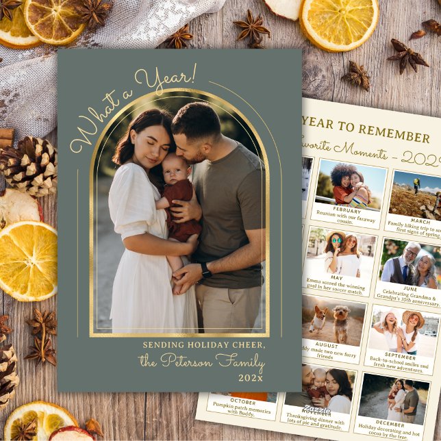  Year in Review Modern Arch Photo Collage Green  Holiday Card (Creator Uploaded)