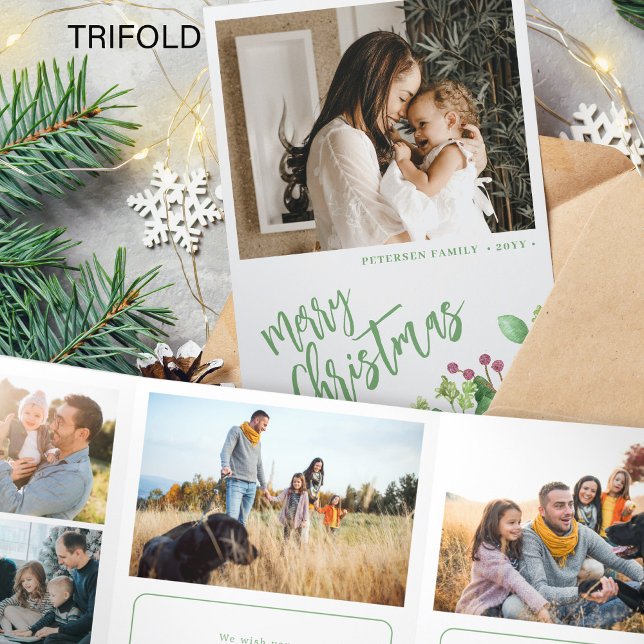 Year in review multi photo green Merry Christmas  Tri-Fold Holiday Card (Creator Uploaded)
