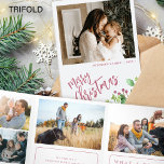 Year in review multi photo red Merry Christmas<br><div class="desc">Greenery holly berry foliage modern Merry Christmas red brushed script family year in review 9 photo collage gallery tri fold holiday card with your custom personalised text.</div>