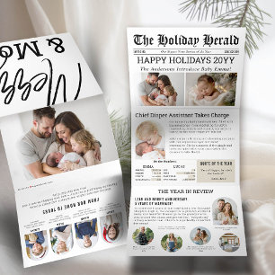Year in Review Newspaper Family Baby Arch Photos Tri-Fold Holiday Card